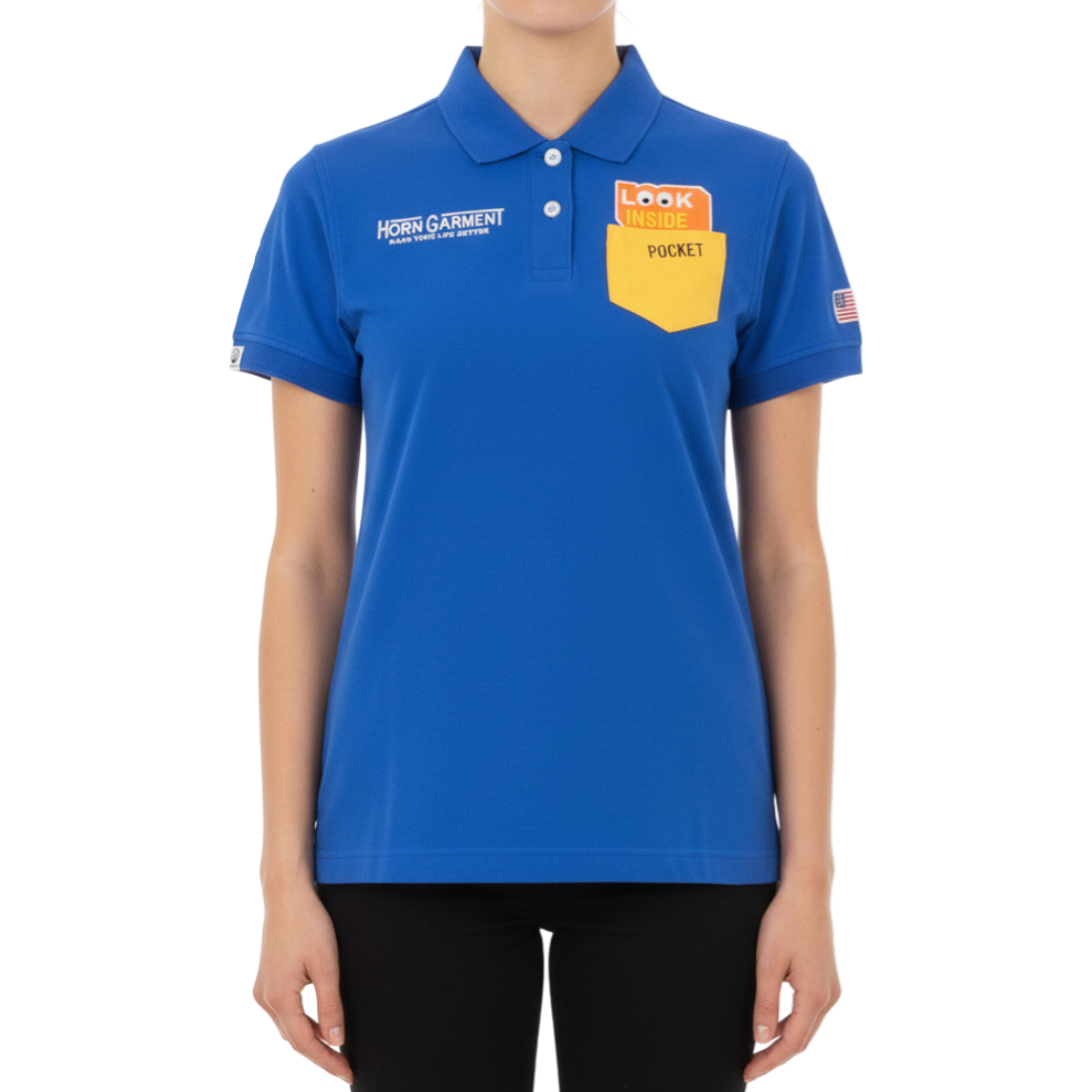 【HORN GARMENT】ポロ LOOK INSIDE ポケットデザイン ブルー レディース(HOG-HCW2AAP05)