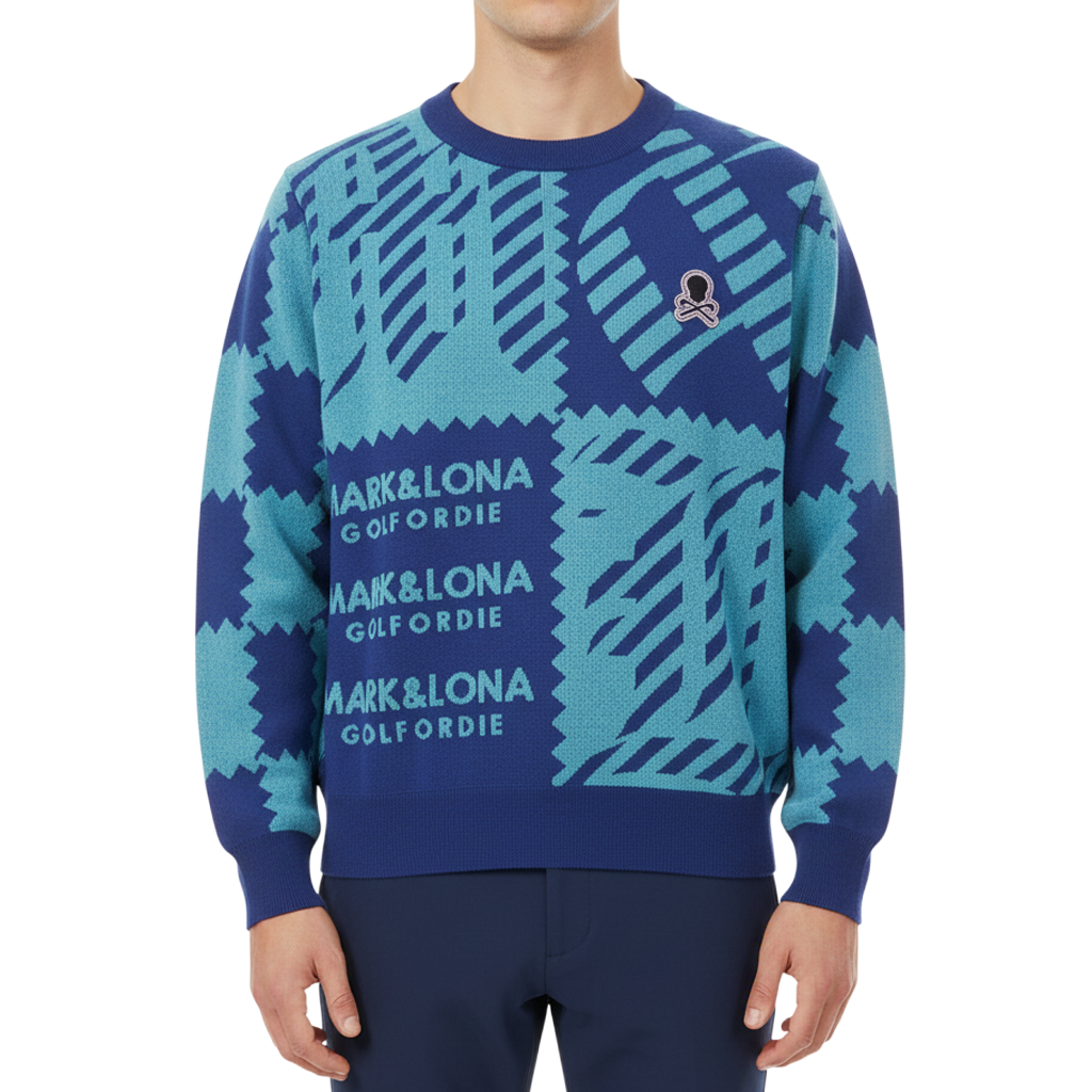 【MARK＆LONA】M.C.D CHENILLE CREW KNIT クルーネック ジャガードニット ブルー 48 L（MLM-4C-AB05）