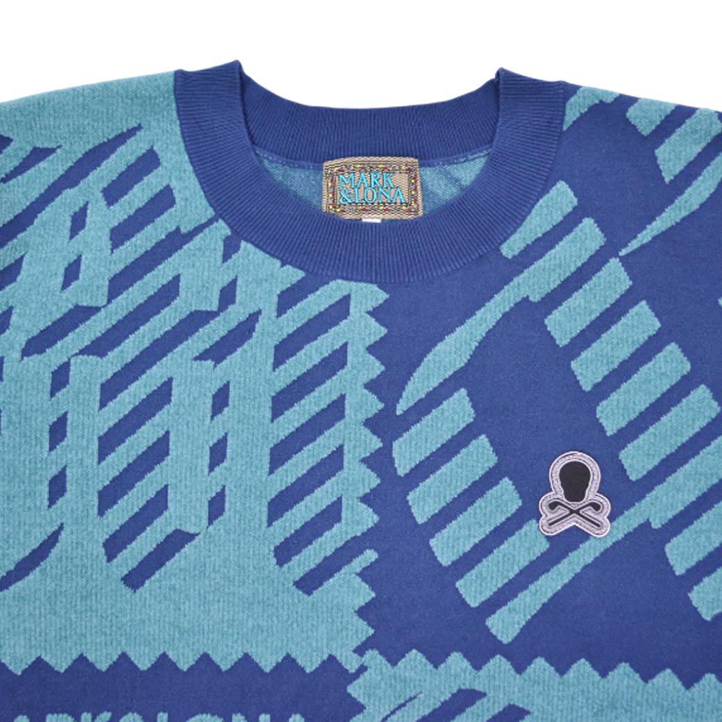 【MARK＆LONA】M.C.D CHENILLE CREW KNIT クルーネック ジャガードニット ブルー 48 L（MLM-4C-AB05）