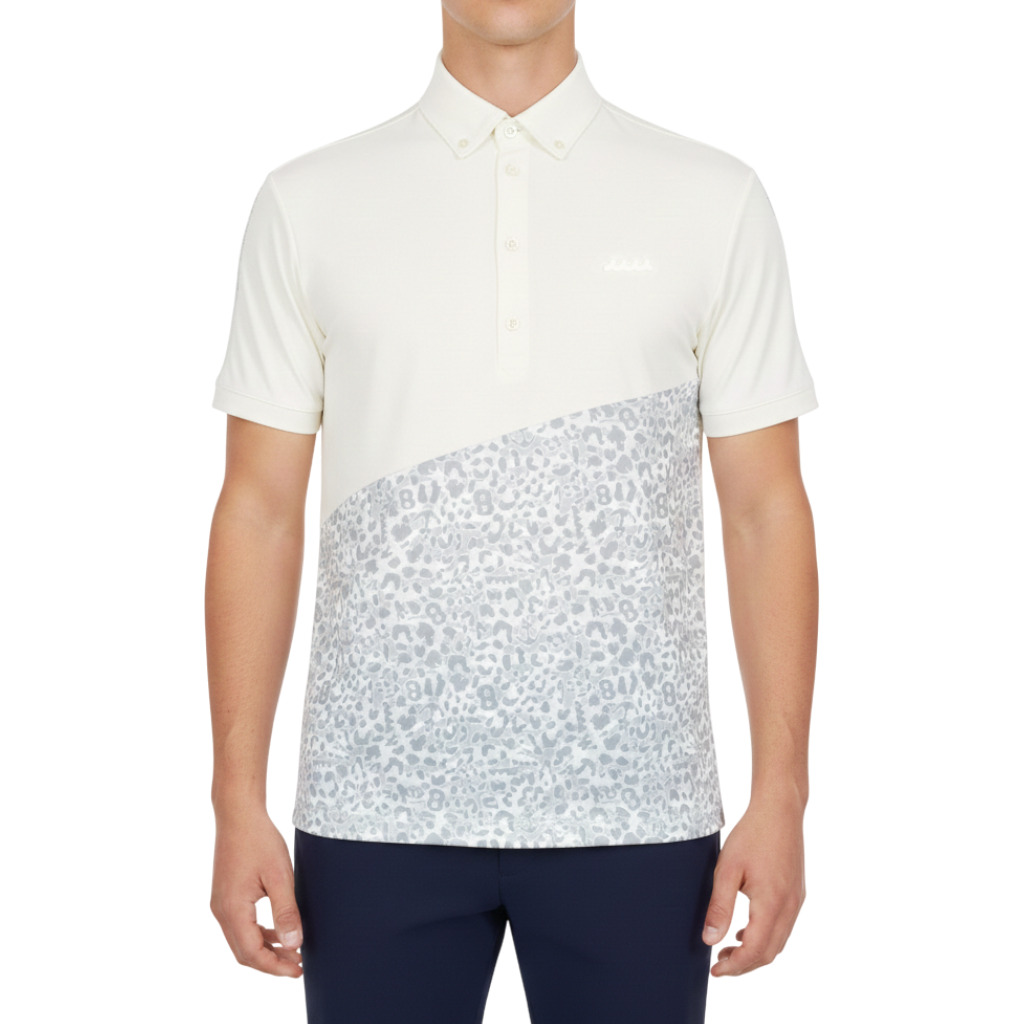 [muta] Leopard Color Block Polo Shirt, White, Size SM (MMJC-446075) 