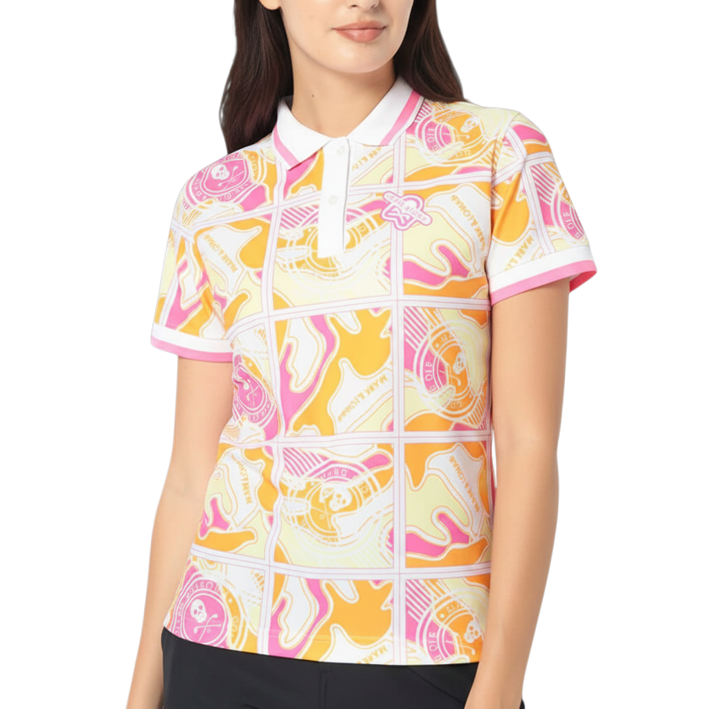 【MARK＆LONA】Gauge Block Pattern Polo レディース ポロシャツ PINK（MAL-MLW5AAP01）